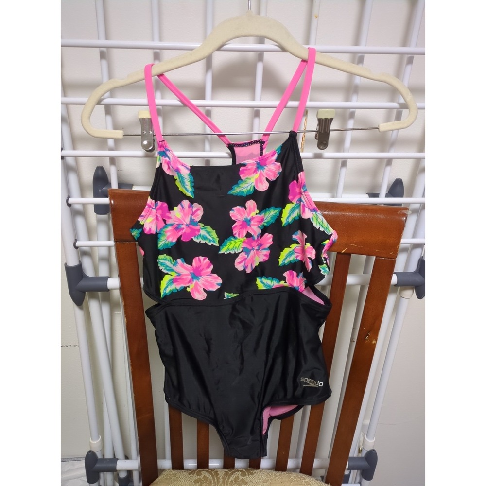 One Piece Speedo Swimsuit Pink, Black Floral Kid Size Xl